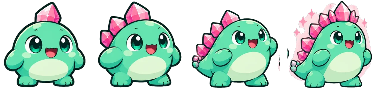Gemlet's four forms: Baby, Junior, Hero and Legend
