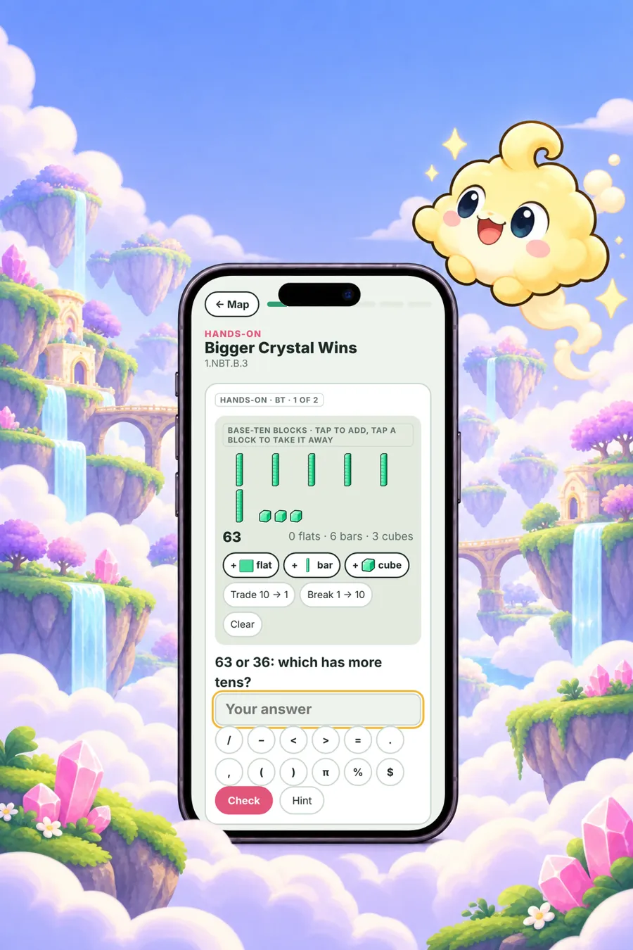A math lesson with base-ten blocks on a phone