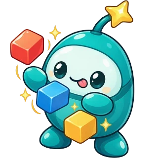 Sparky, a friendly teal robot with a yellow star on its antenna, juggling colorful blocks